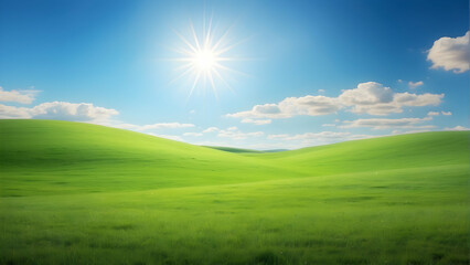 Fototapeta premium An idyllic landscape capturing the essence of spring with a radiant sun over lush green hills and a clear blue sky