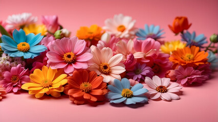 Assorted colorful daisies artfully arranged on a pink background, evoking a sense of spring and cheerfulness