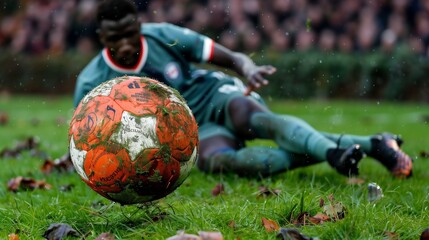 A fleeting moment of rest as the soccer player takes a quick breather while holding onto the cherished ball.
