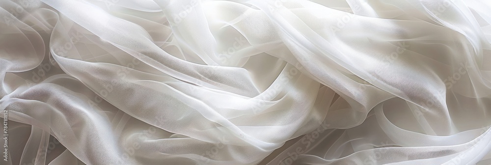 Poster a close-up view of white gossamer fabric with intricate textures, ideal for backgrounds in visual ar
