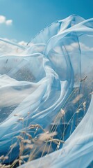 Ethereal blue gossamer fabric blowing in the breeze under a clear sky, ideal for nature-themed visuals or serene background settings.