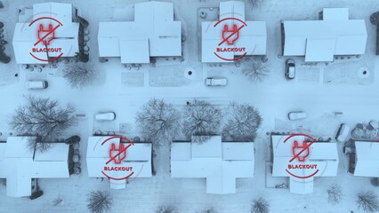 Houses in American neighborhood without power after blizzard. Aerial top down with animated...