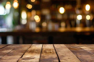 Empty old grunge wooden table top with abstract blurred background. Table top with copy space for product advertising in outdoors terrace, bar, coffee shop interior. Mock up