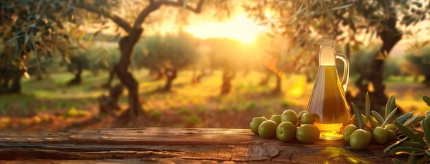 Glass container with olive oil on wooden table with branches and olives in crop field full of olive trees with sunshine. AI generated illustration - obrazy, fototapety, plakaty