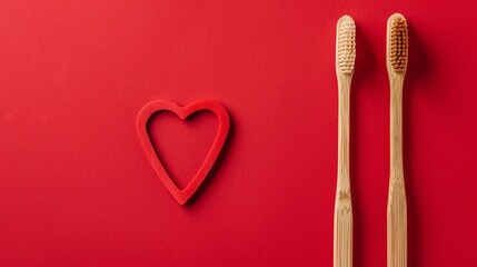 Two toothbrushes are on a red background with a heart in the middle. The image conveys a message of love and care for one's dental hygiene