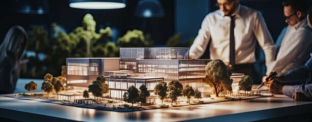 architect and real estate developer team working on new modern house apartment building complex project in office, close up of a building model
