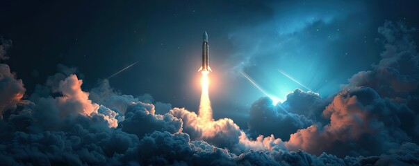 A rocket is launching into the sky emitting smoke into the atmosphere. AI generated illustration - obrazy, fototapety, plakaty