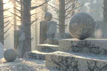 Surreal landscape of monolithic spheres in a frosty, sunlit forest, offering a dreamlike vision for imaginative decor and speculative fiction enthusiasts.

