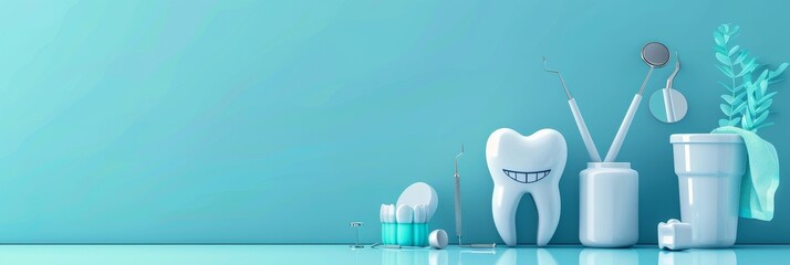 A collection of dental instruments are displayed on a blue background. The instruments include a variety of toothbrushes, dental picks, and other tools used by dentists - obrazy, fototapety, plakaty