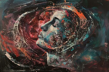 Contemporary portrait of a woman’s profile enveloped in a cosmic swirl, suggesting themes of human connection with the universe, ideal for modern decor.

 - obrazy, fototapety, plakaty