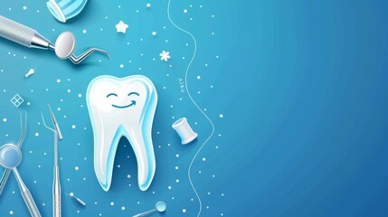 A collection of dental instruments are displayed on a blue background. The instruments include a variety of toothbrushes, dental picks, and other tools used by dentists