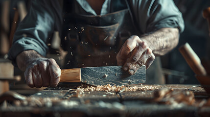 Artisan hands crafting with precision in a woodworking workshop, wood shop, carving wood with a chisel, surrounded by wood shavings.