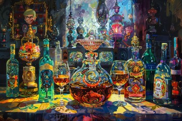 Elegant still life of baroque-style glassware and bottles illuminated with vivid, artistic colors, perfect for upscale restaurant decor or drink connoisseurs.

