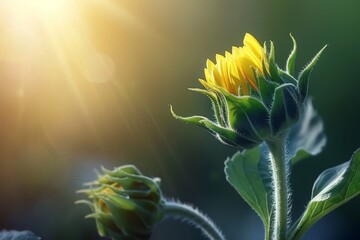 Spring's Promise in a Bud: The Imminent Unfolding of a Sunflower's Splendor Under the Bright Spring...