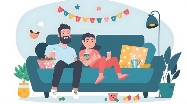 Cozy Evening At Home: Couple Enjoying Movies And Snacks On The Couch Under Festive Decorations, Illustration Of A Relaxed Couple Sitting On A Sofa, Enjoying A Movie Night With Snacks And Drinks.