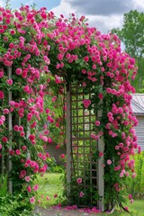 Fototapeta na wymiar Spring's Embrace: A Garden Trellis Transformed by the Lush Growth of Blooming Climbing Roses