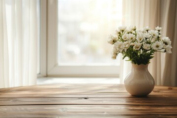 Wooden table top with copy space for product advertising in old vintage kitchen. Table and vase with white spring flowers near window in country house, rural area