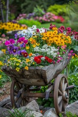 Fototapeta na wymiar A Picturesque Display of Spring's Bounty: A Wheelbarrow Full of Mixed Flowers in a Rustic Setting