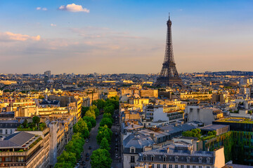Skyline of Paris with Eiffel Tower in Paris, France. Panoramic sunset view of Paris