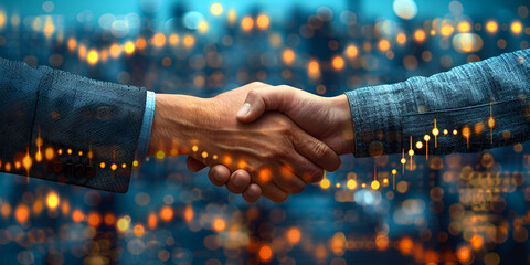 Successful business merger handshake with upward graphs symbolizing growth and teamwork in a corporate cityscape