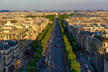 Aerial view of Avenue des Champs-Elysees in Paris, France. Skyline of Paris. Architecture and...