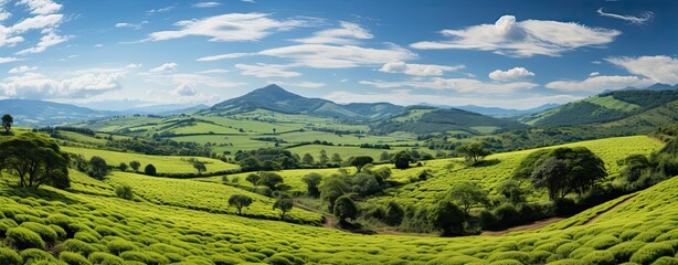Tea farms with growing tea green field, web banner format