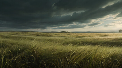 Windy agricultural field under heavy dark rainy clouds