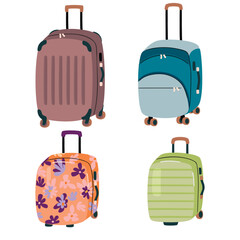 Cartoon collection with travel suitcase isolated on white background.Valises of different sizes and types.Handbags large and small, two-wheeled and four-wheeled.Vector design for banner,poster,card.
