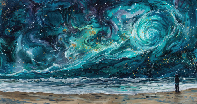 A person stands on a beach, gazing at a surreal, galaxy-infused night sky that swirls above the ocean waves