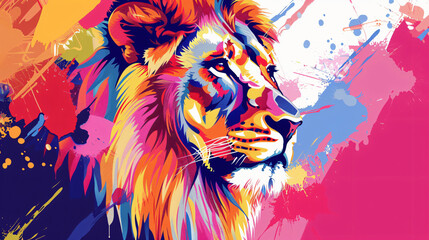 Creative colorful lion king head on pop art style