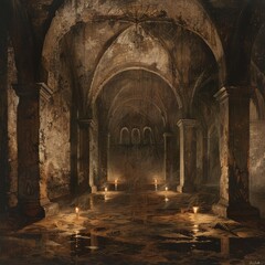 Ancient Castle Crypt Stone Walls Mystery Castle crypt resting place of legends eternal slumber,A dimly lit, ancient crypt with stone walls, arches, and flickering candles evokes a sense of mystery