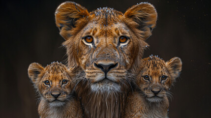 Grey mother lioness and tree baby lions. 