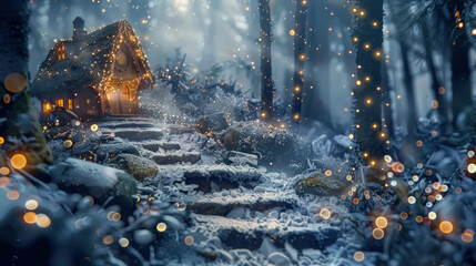 A cozy cottage aglow with warm lights is nestled in a snowy forest at dusk, creating a serene and magical winter atmosphere - obrazy, fototapety, plakaty