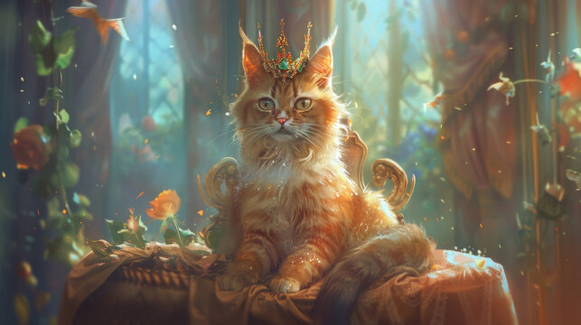 A majestic cat wearing a sparkling crown sits proudly in a mystical, sun-drenched forest, surrounded by fluttering butterflies