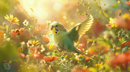 A green bird soars gracefully over a vibrant field of colorful flowers, adding a touch of natures beauty to the scene - obrazy, fototapety, plakaty