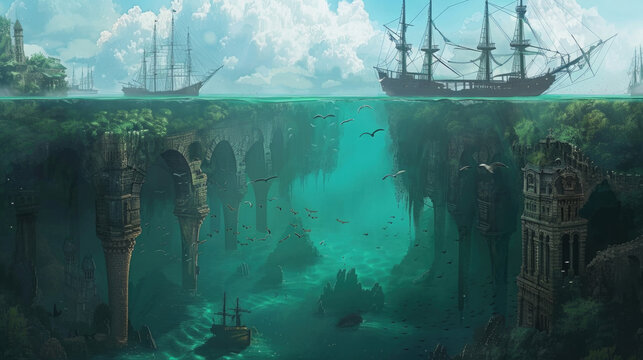 Sunken ships rest in a tranquil underwater canyon alongside ancient, overgrown ruins, bathed in ethereal sunlight