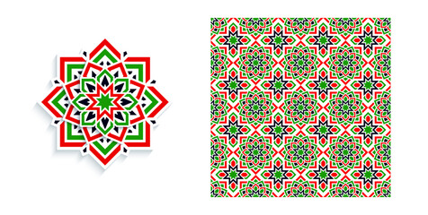 Ornament in eastern style. Islamic decor elements and template prints for national design. Ornament in eastern style. Arabic vector mandala flowers and backgrounds set. Traditional KSA, Kuwait, Oman, 