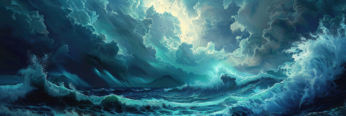 A large wave crashes in the ocean, showing immense power and force as it crests and foams - obrazy, fototapety, plakaty
