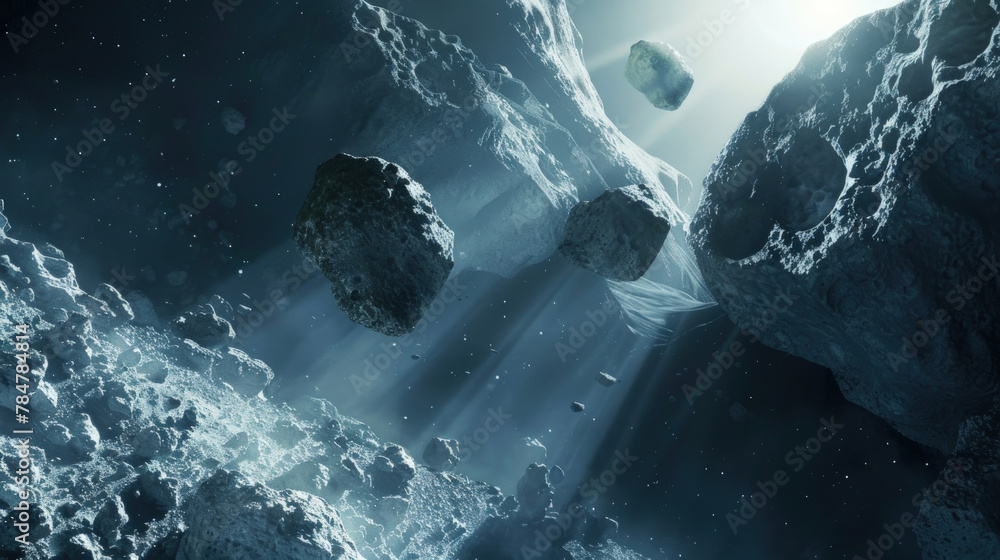 Poster sunbeams pass between asteroids in the vastness of space, creating a serene interstellar scene