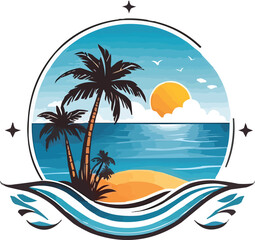 Beach resort logo featuring palm trees, waves, and sun, perfect for a summer getaway.