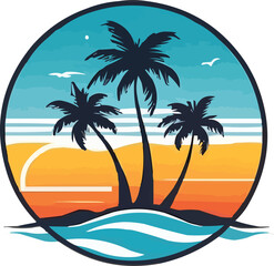 Obraz premium Tropical Palm Trees Silhouette at Sunset Beach Circle Icon