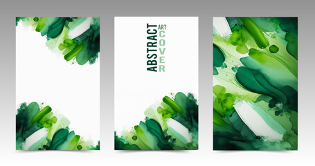 Set of modern green covers with abstract painting spots overlaid on white background. Brushwork pattern template for original flyer, bookleet, brochure, business card, packaging.