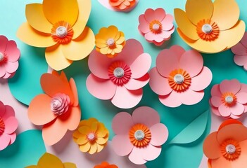 3d render, digital illustration, colorful paper flowers wallpaper, spring summer background, floral bouquet isolated on white, vibrant colors, mint pink orange yellow created with generative ai.