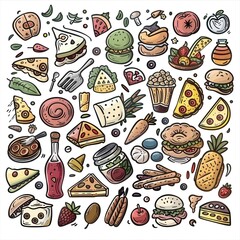Doodle icons of different colorful food