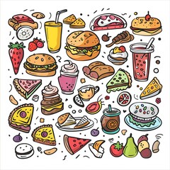 Doodle icons of different colorful food