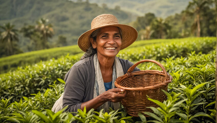 Smiling woman picking tea in Sri Lanka plantation - obrazy, fototapety, plakaty