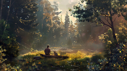 Man and his cat sitting in a forest clearing at sunset, surrounded by lush trees and floating leaves.