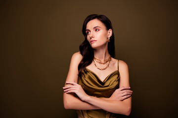 Fototapeta premium Photo of charming rich lady advertising jewelry boutique perfect necklace isolated on brown gradient color background