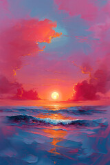 Oil painting of sunset over the sea