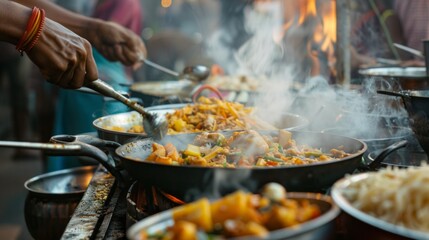 A street vendor cooks indian food on the street in India